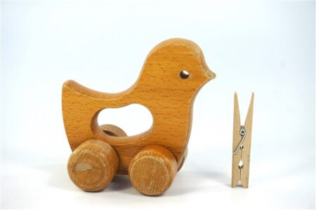 Houten vogel op wielen