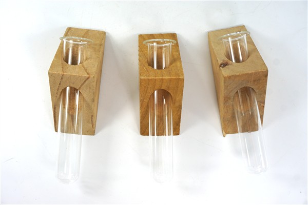 Glazen buis in houten hanger
